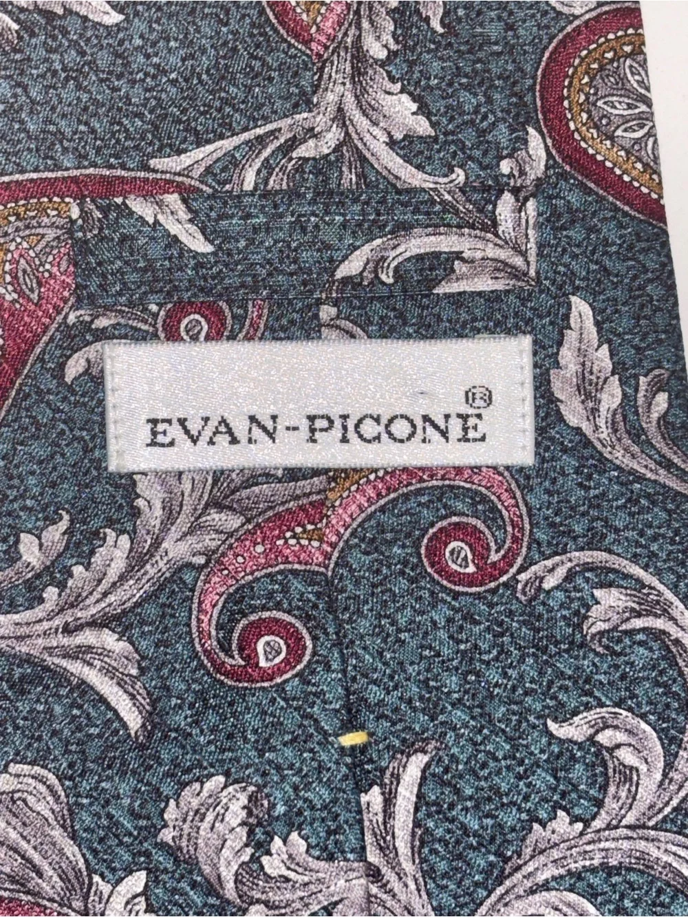 EVAN PICONE Paisley in Teal Green, Gray, and Pink/Cranberry Silk Tie